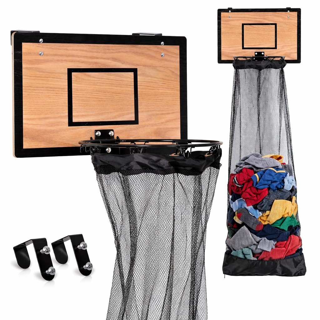 Fury Strike wooden basketball hamper mounted over a door for clutter-free laundry.