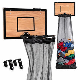 Fury Strike wooden basketball hamper mounted over a door for clutter-free laundry.