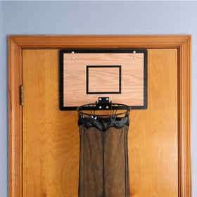 Close-up view of the natural wood backboard on the Fury Strike hamper.