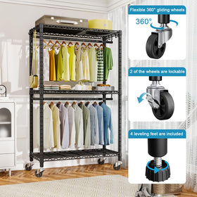 Adjustable shelves and double rods optimize storage for outfits