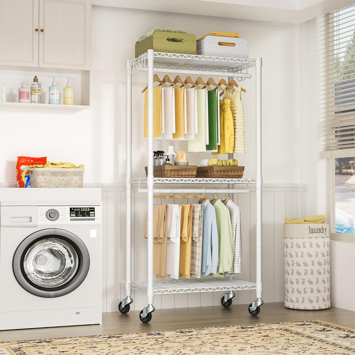 FUTASSI P3 Mini rolling clothes rack adjustable shelves maximize storage.