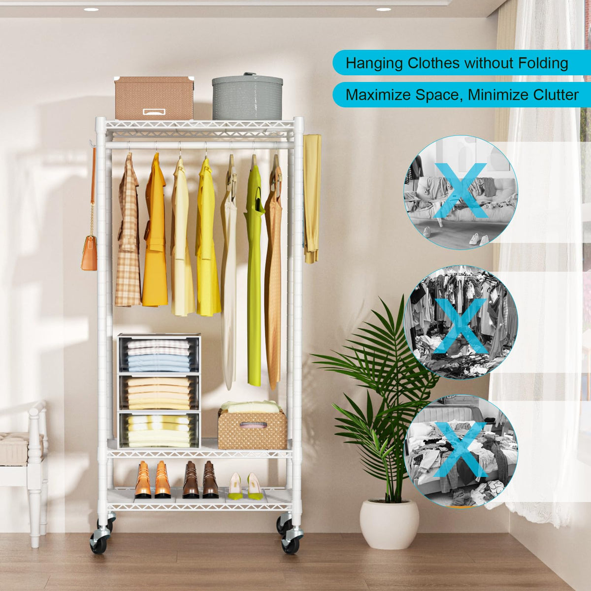 FUTASSI P3 Mini rolling clothes rack supports coats, dresses, and more.