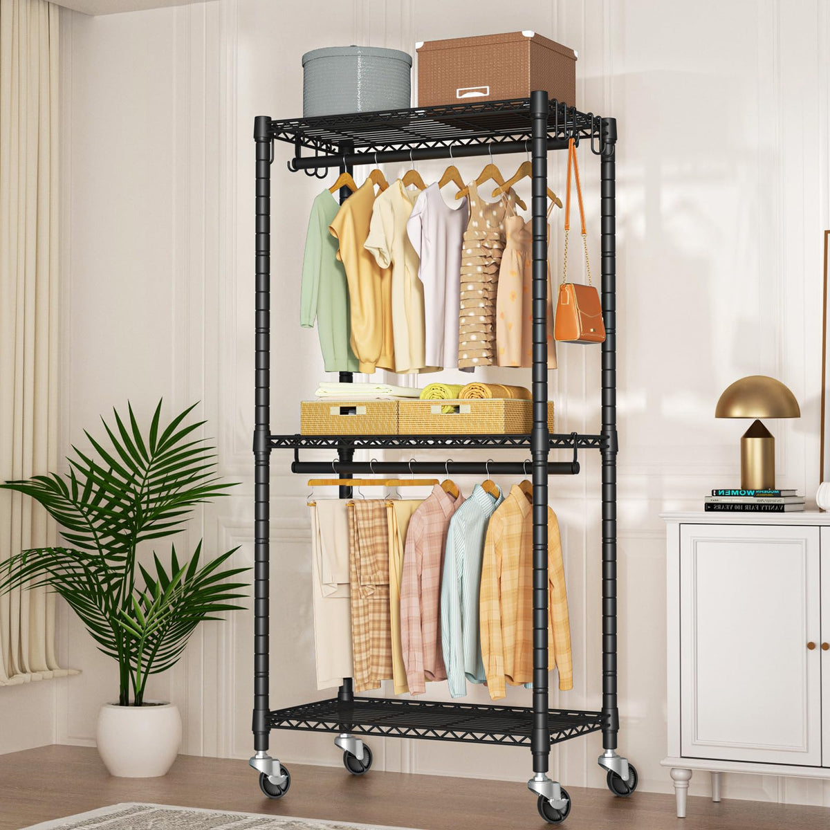 FUTASSI P3 Mini Rolling Rack front view highlights spacious top and dual rods