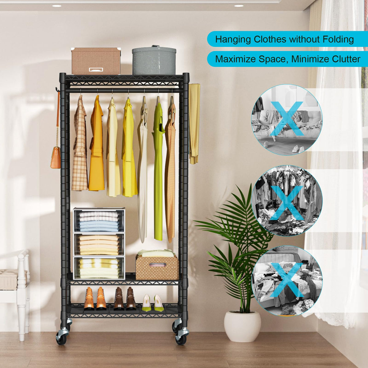 FUTASSI P3 Mini Rolling Rack in use in a bedroom for organized clothing