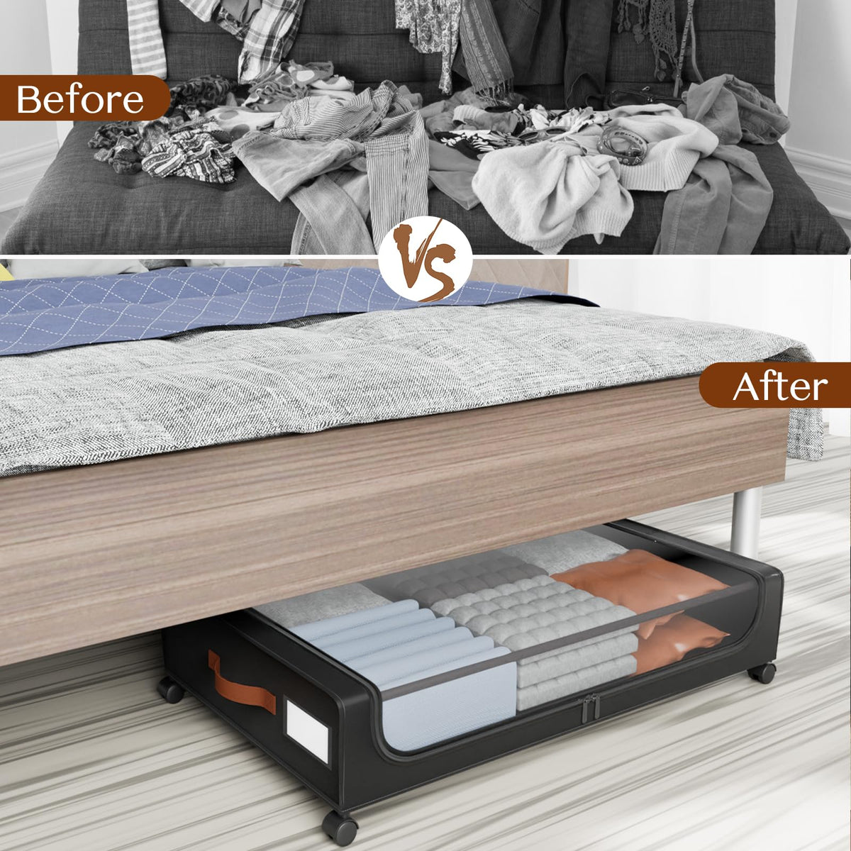 Futego under-bed storage features label area and dust cover for tidy, identifiable contents.
