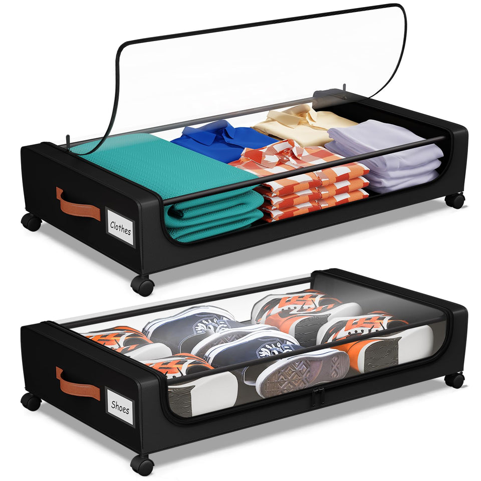Futego under-bed storage with wheels and transparent lid offers easy access and identification.