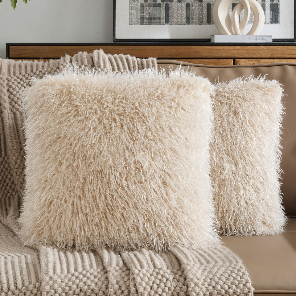 FUTEI shaggy Mongolian faux wool pillow cover 18x18 beige for cozy spaces