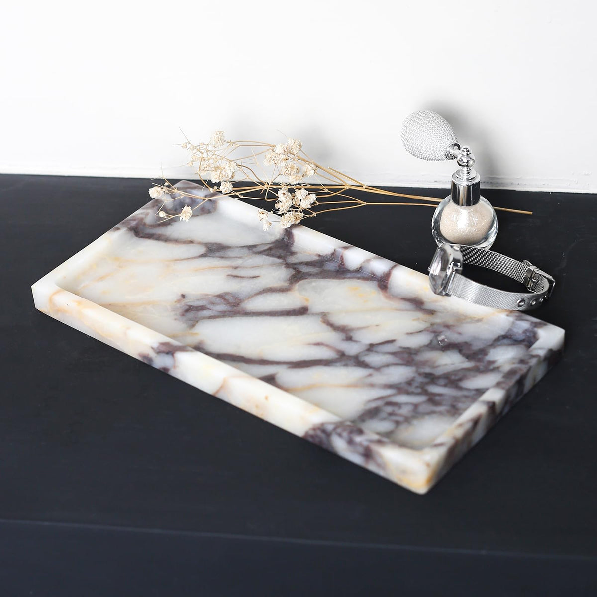FutureStone Calacatta Viola marble tray art-decor enhances shelf aesthetics