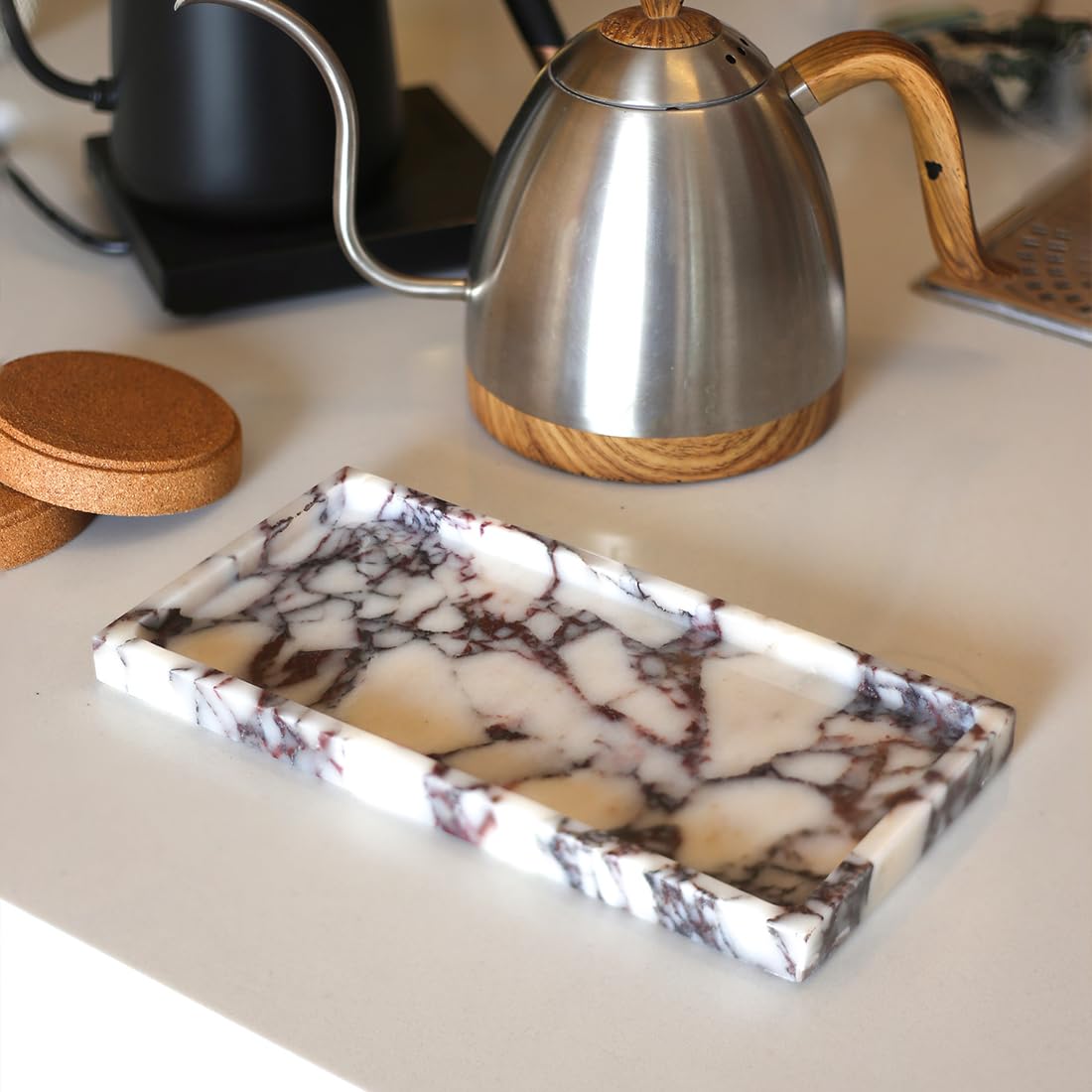 FutureStone Calacatta Viola marble tray in kitchen doubles as a stylish catch-all