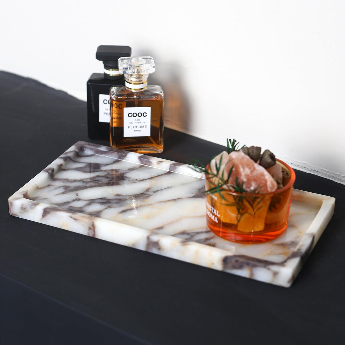 FutureStone Calacatta Viola marble tray on vanity ready for cosmetics and brushes