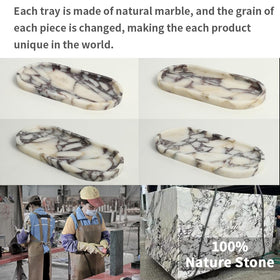 FutureStone Calacatta Viola marble tray on bedside keeps essentials organized