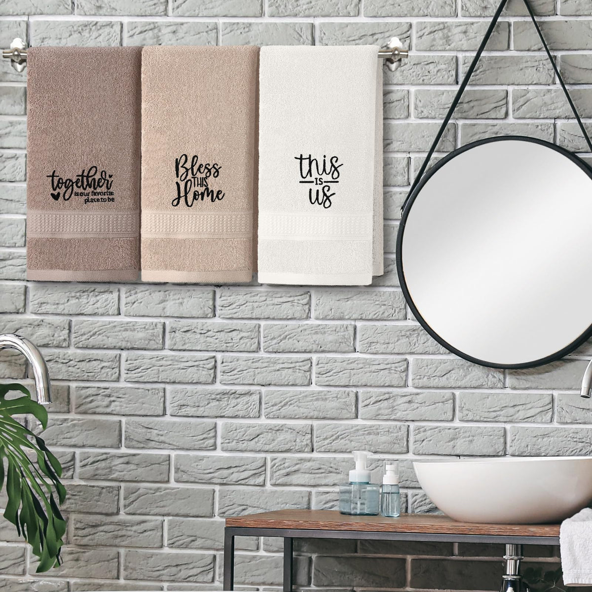 FuWeave towels with embroidered edge featuring inspirational quotes