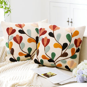 FuWeave fall boho floral embroidered pillow cover on sofa, cozy autumn decor.
