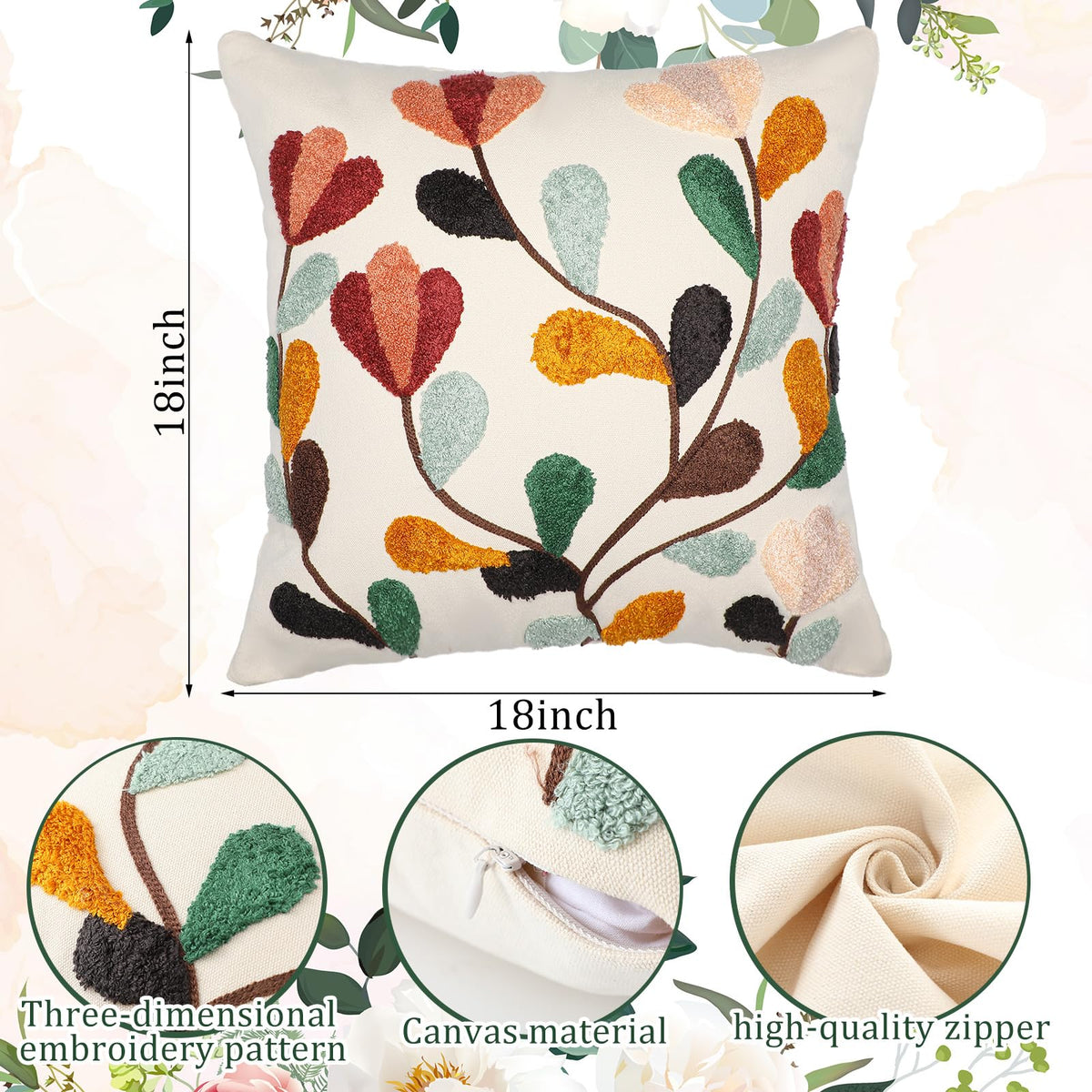 FuWeave 18x18 embroidered pillow cover with intricate floral pattern for stylish living room.