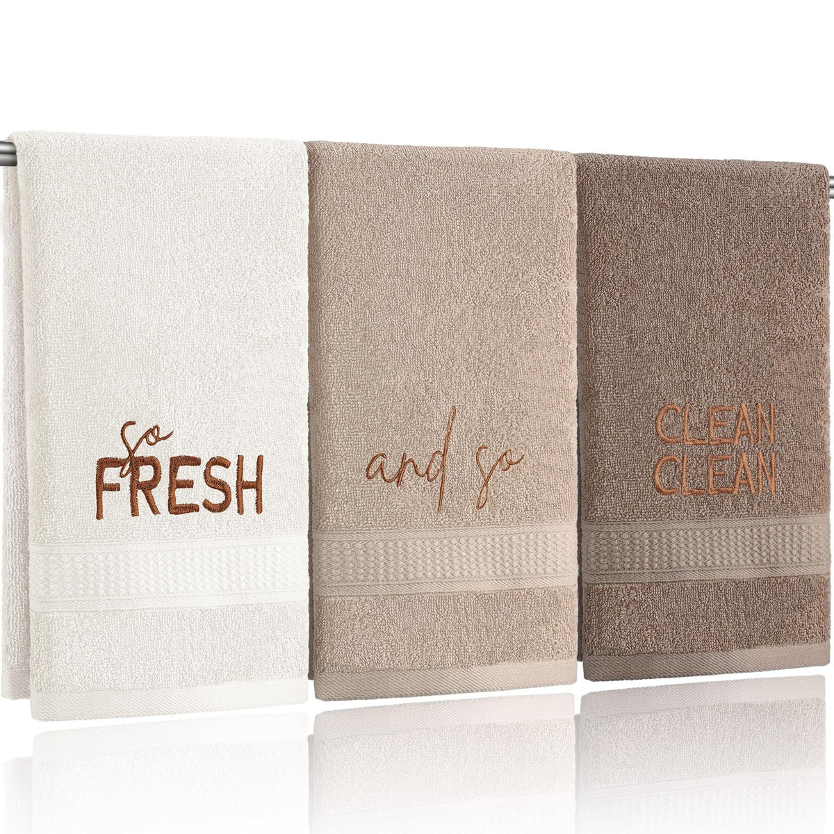 FuWeave farmhouse hand towel with So Fresh and So Clean embroidery for bathroom decor.