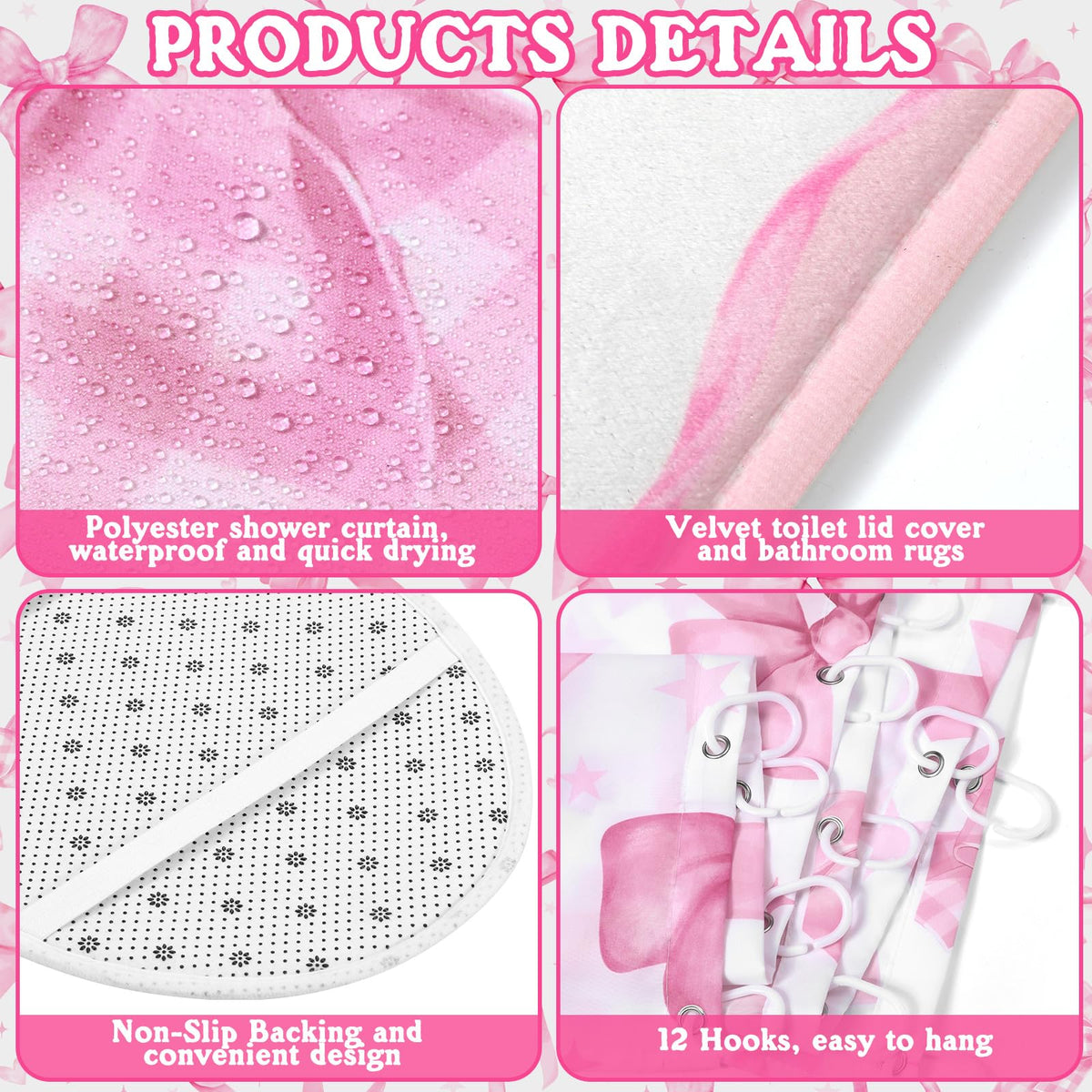 FuWeave pink bow bath mats offer soft comfort with non slip backing