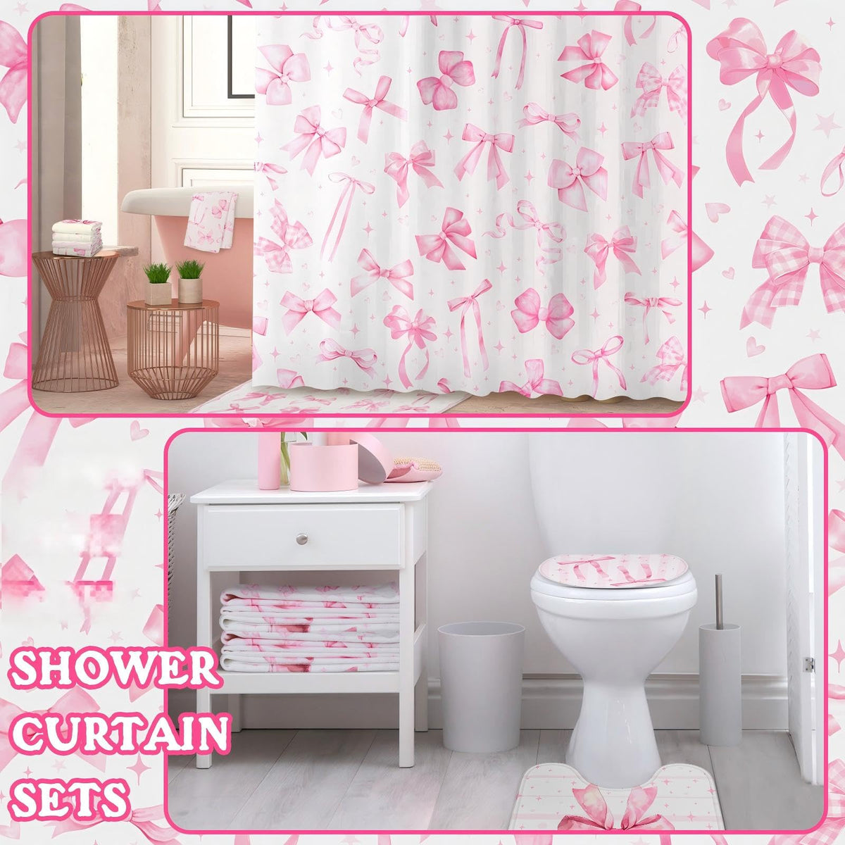 FuWeave full pink bow bathroom set creates a coordinated, cheerful space
