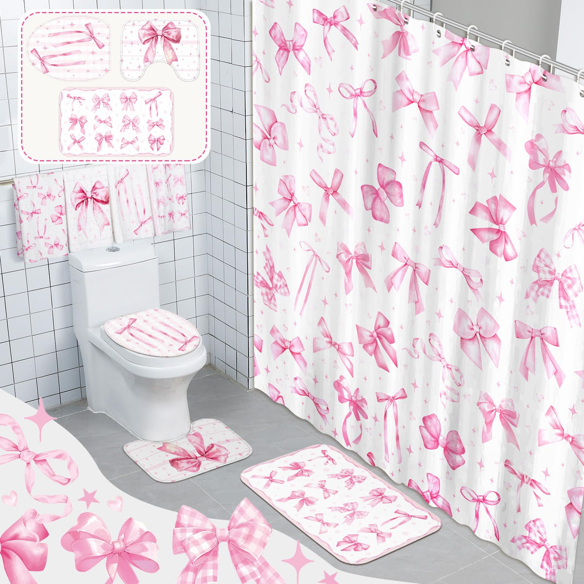 FuWeave pink bow shower curtain shows vibrant color and practical bathroom decor
