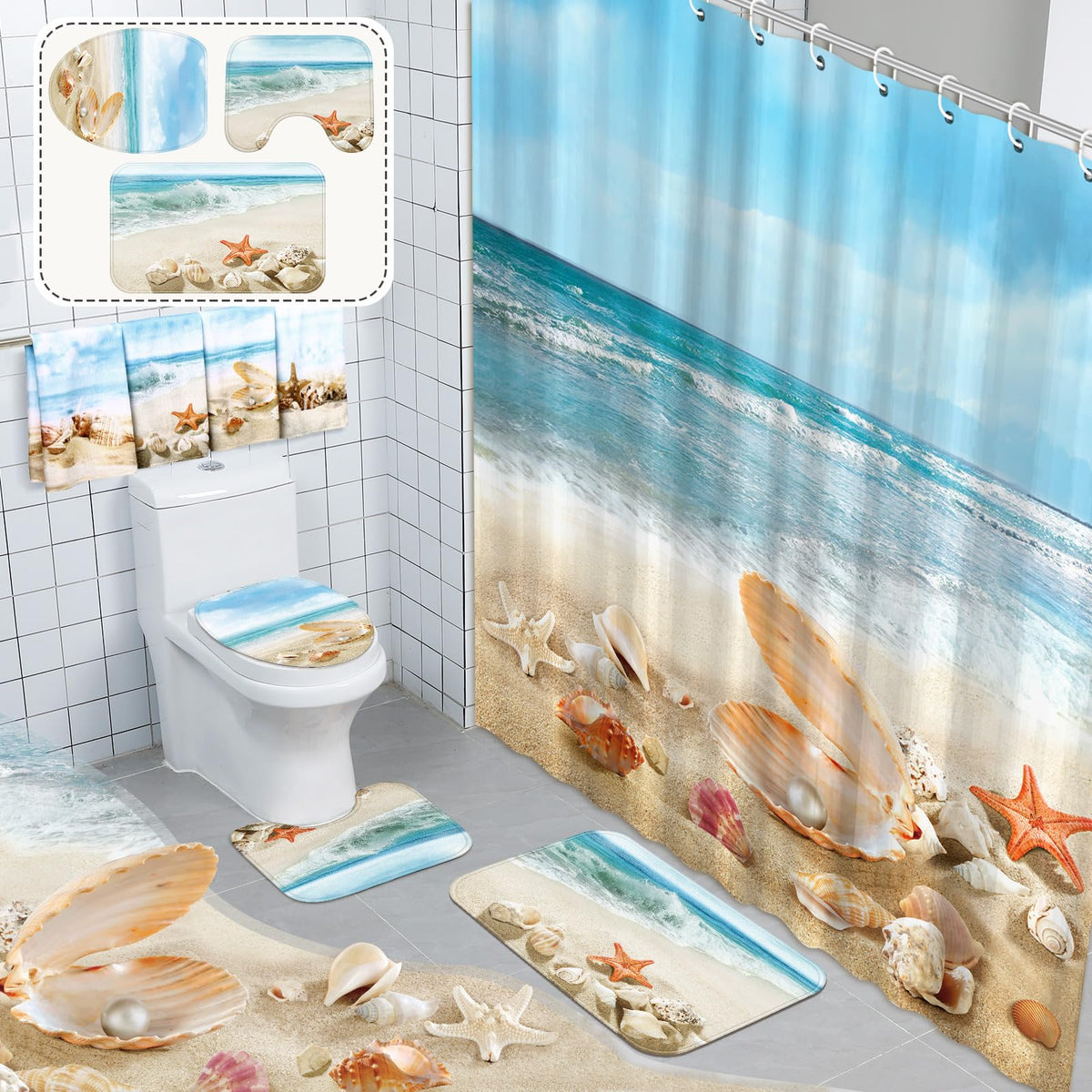 FuWeave summer shower curtain with 12 hooks, bright beach design for quick setup