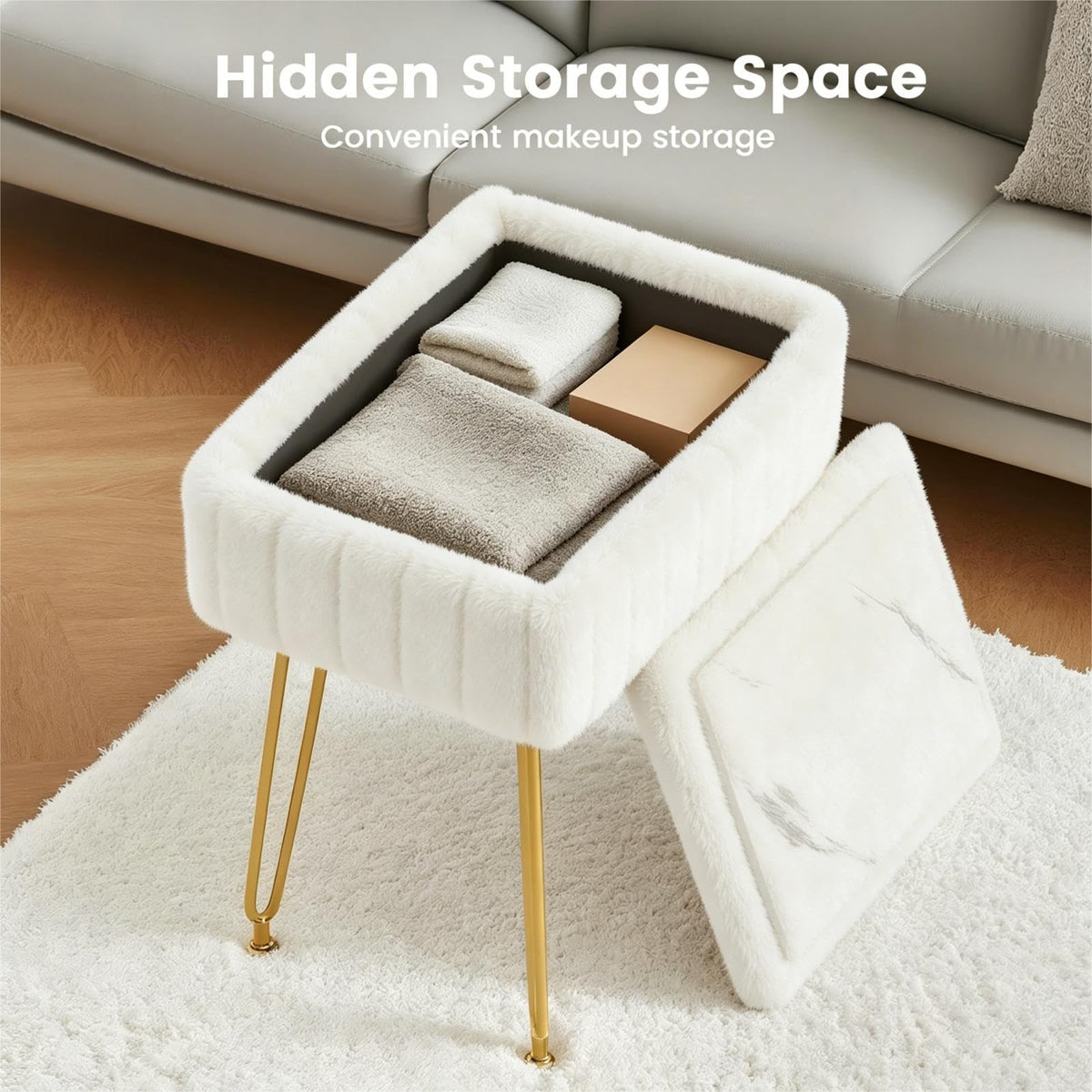 FUXA hidden storage compartment keeps brushes, remotes, and accessories neatly within reach.