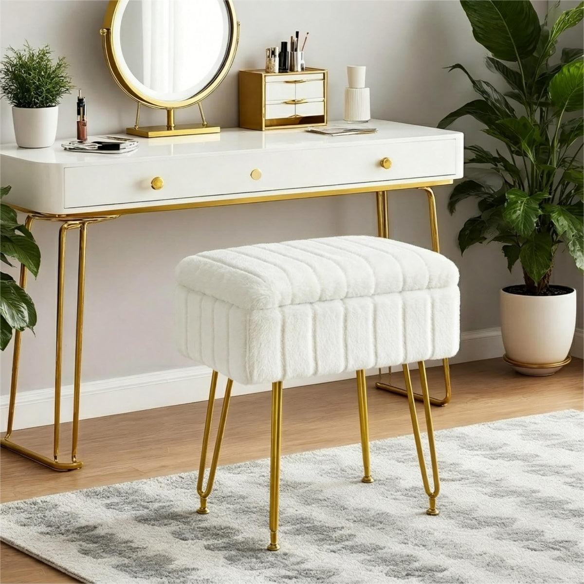 FUXA vanity stool with gold metal legs adds sturdy style to your space.