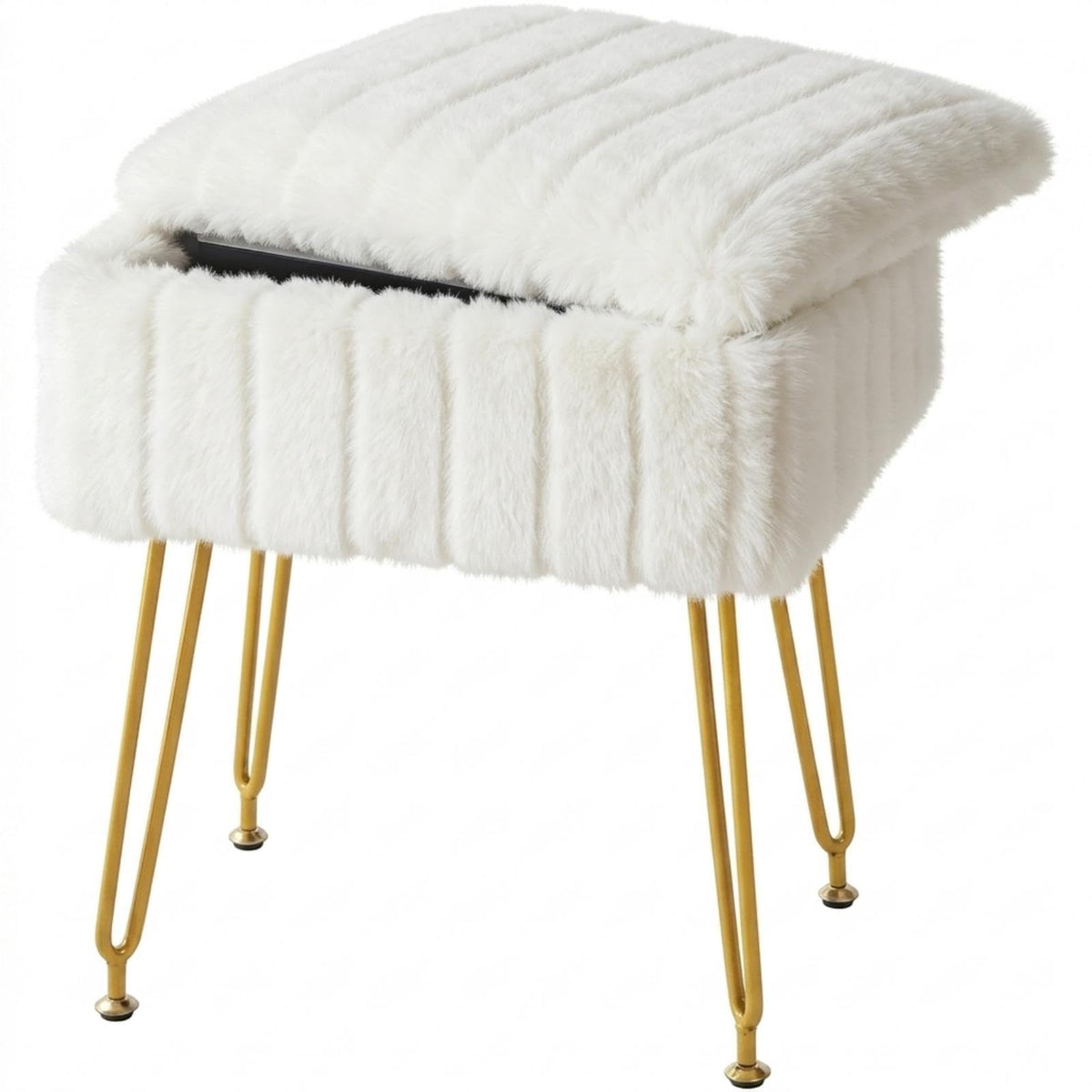 FUXA vanity stool with storage reveals hidden space for brushes and accessories.