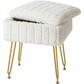 FUXA vanity stool with storage reveals hidden space for brushes and accessories.