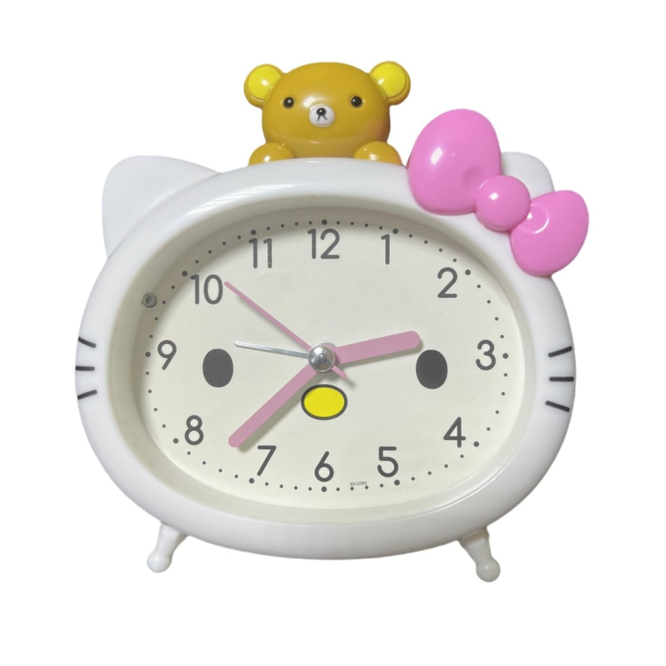 Fuxizest cat clock white case with pink bow for a cute bedside accent.