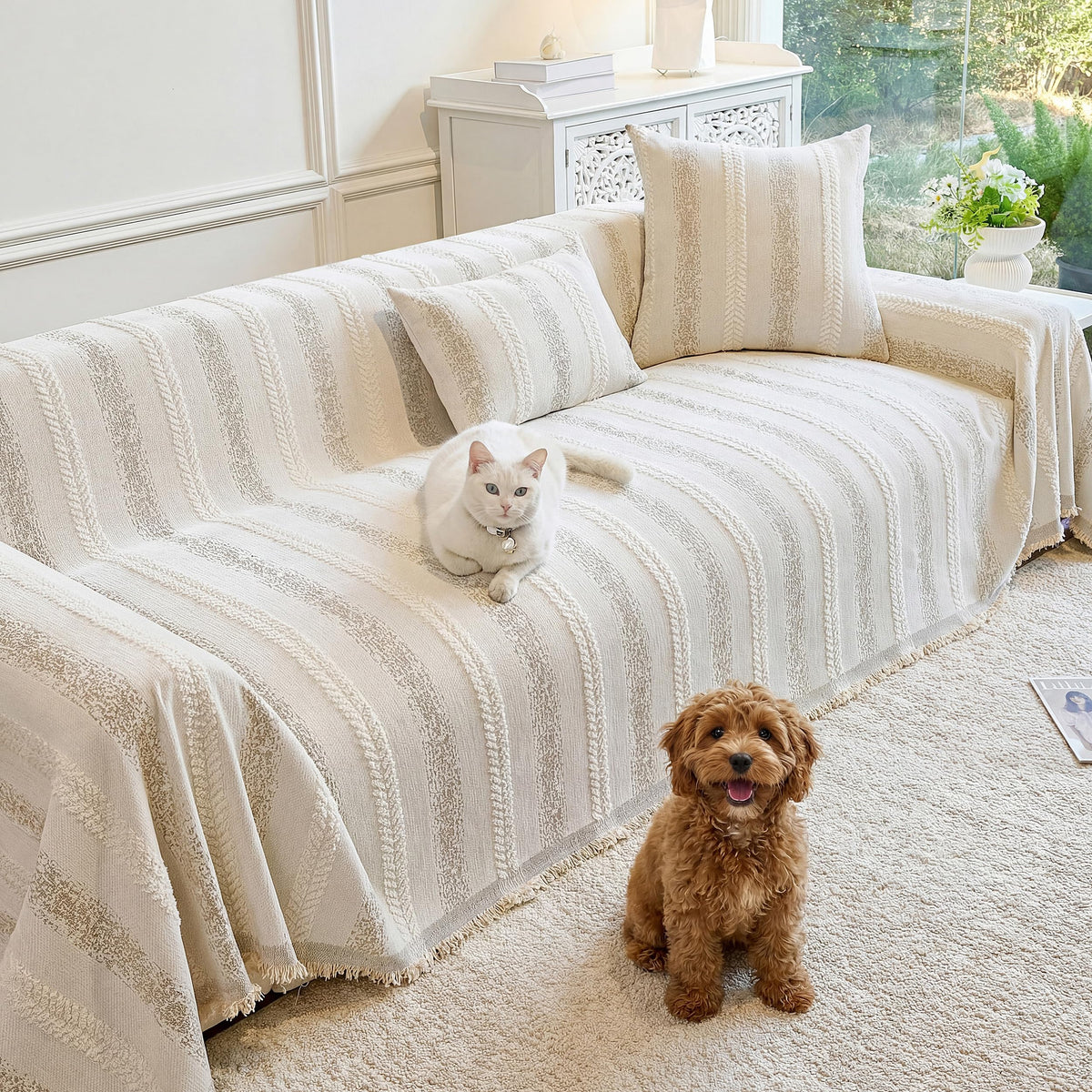Fuyulacom couch cover in beige shows soft chenille fabric for pet-friendly protection.