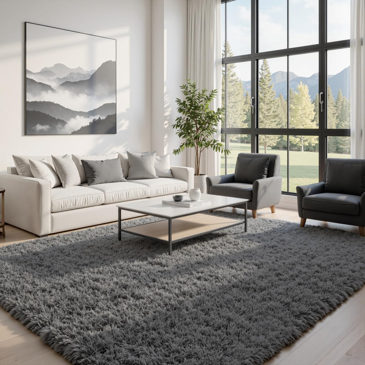 Fuzziness grey plush rug close-up highlights dense fibers for lasting plush feel