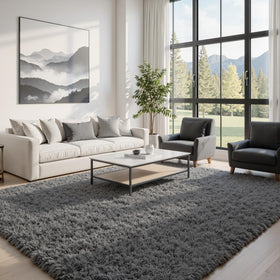 Fuzziness grey plush rug close-up highlights dense fibers for lasting plush feel