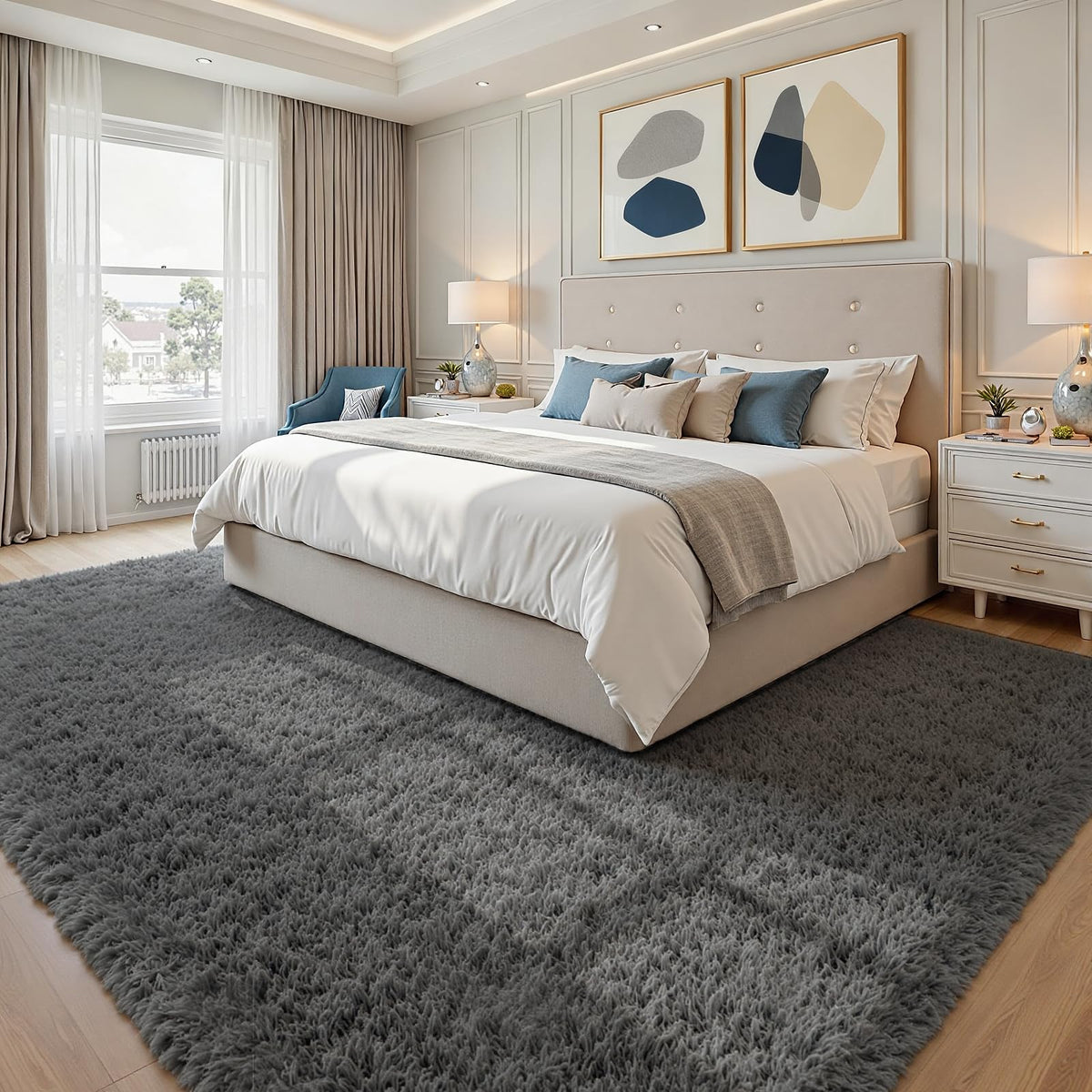 Fuzziness non-slip backing rug in room demonstrates stability on hardwood floors