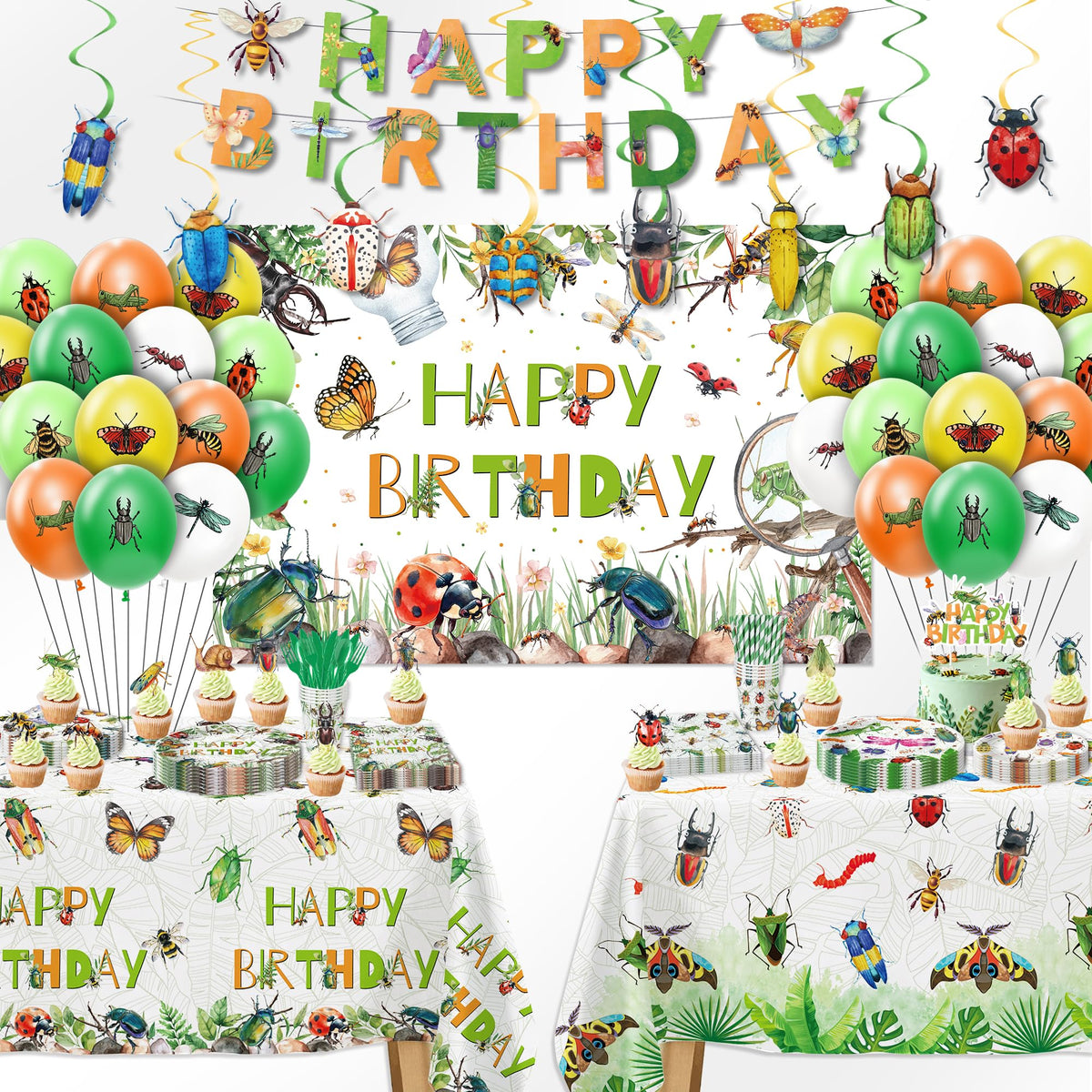 FVABO bug birthday banner brightens the room and frames the party theme.