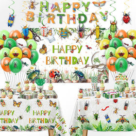 FVABO bug birthday banner brightens the room and frames the party theme.