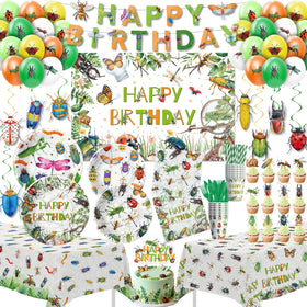 FVABO bug birthday plates 9in showcase vibrant insects for a playful garden party setup.