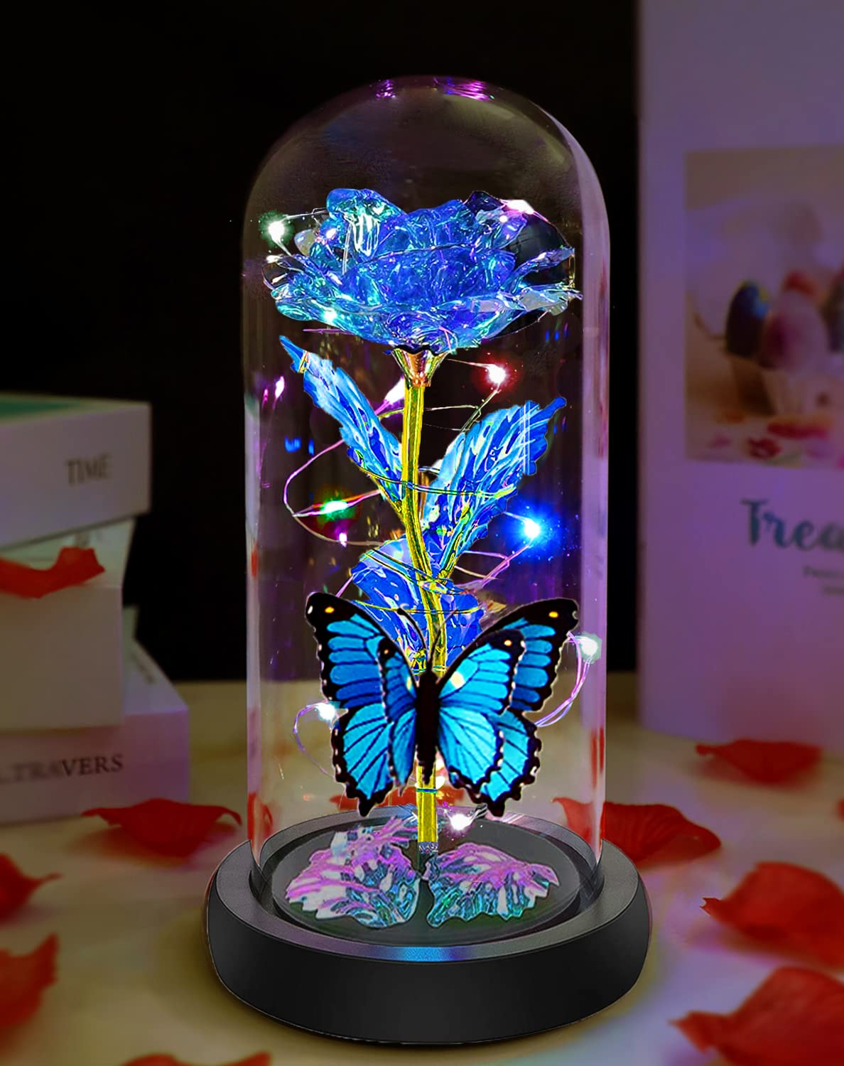 fvawe galaxy crystal rose in a glass dome for lasting display.
