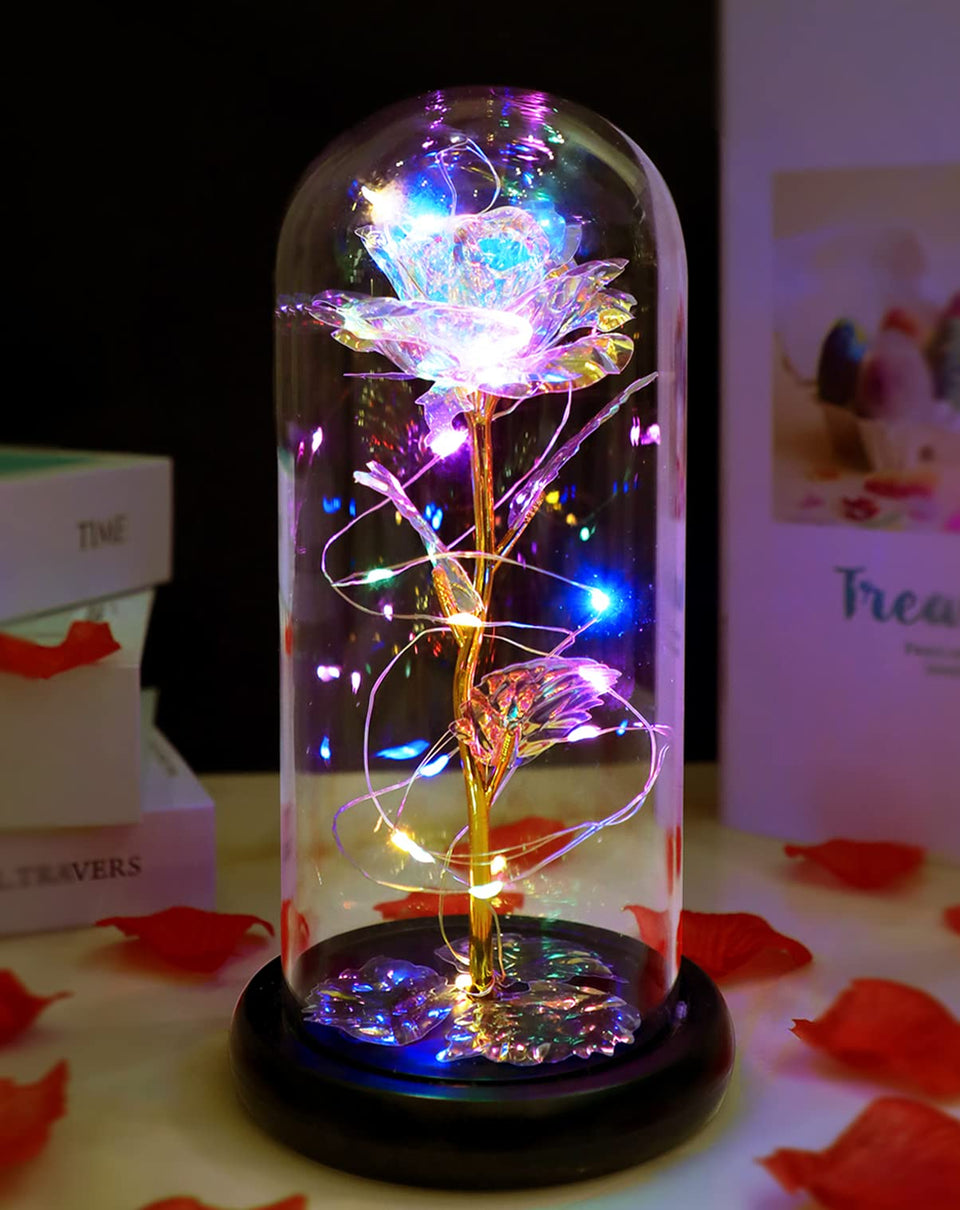 Fvawe Galaxy Crystal Rose in glass dome glows softly for romantic ambiance.