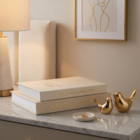 Fveuc linen book box stacked setup enhances tablescape and organization.