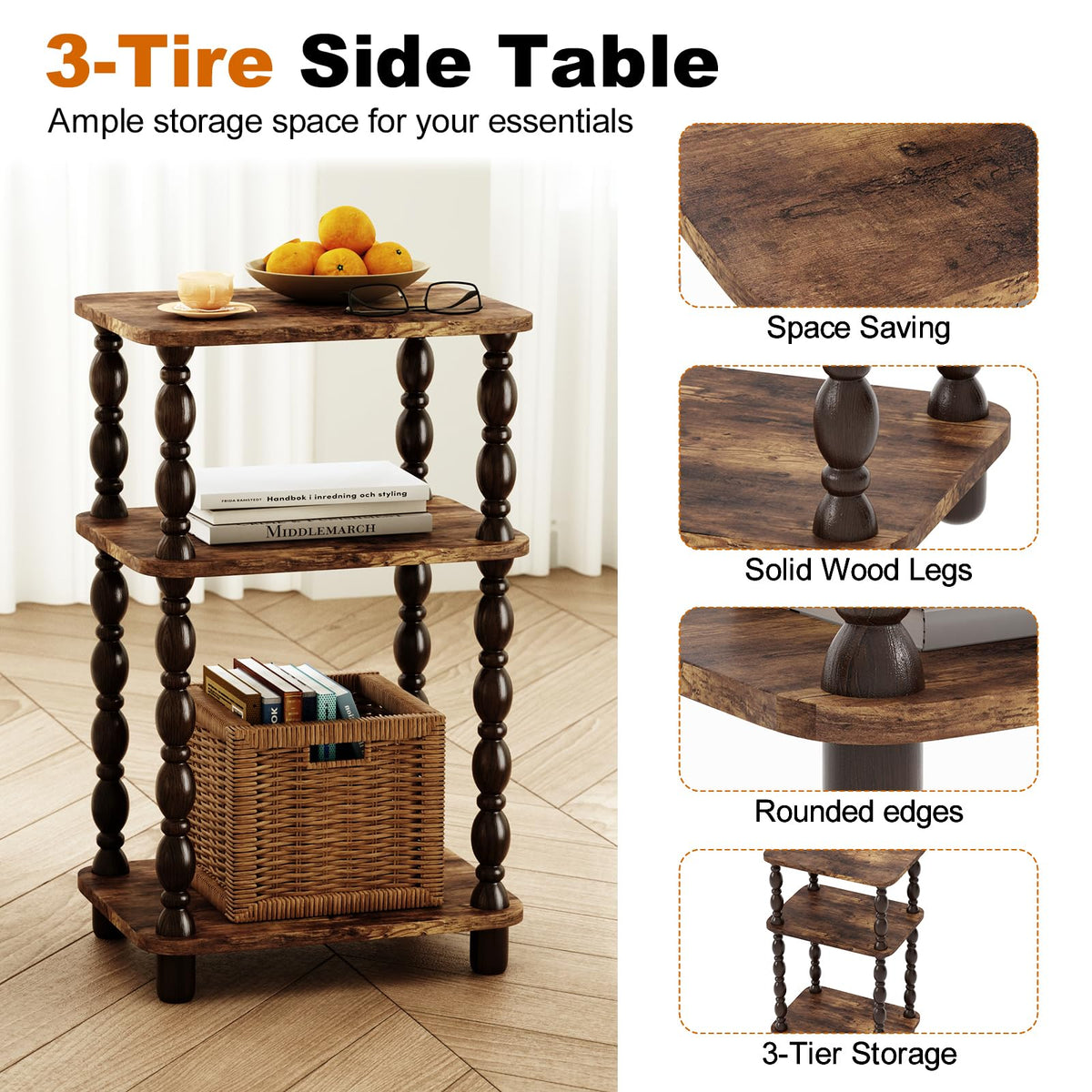 Fxacyem Retro End Table three-tier shelf illustrating organized storage options.