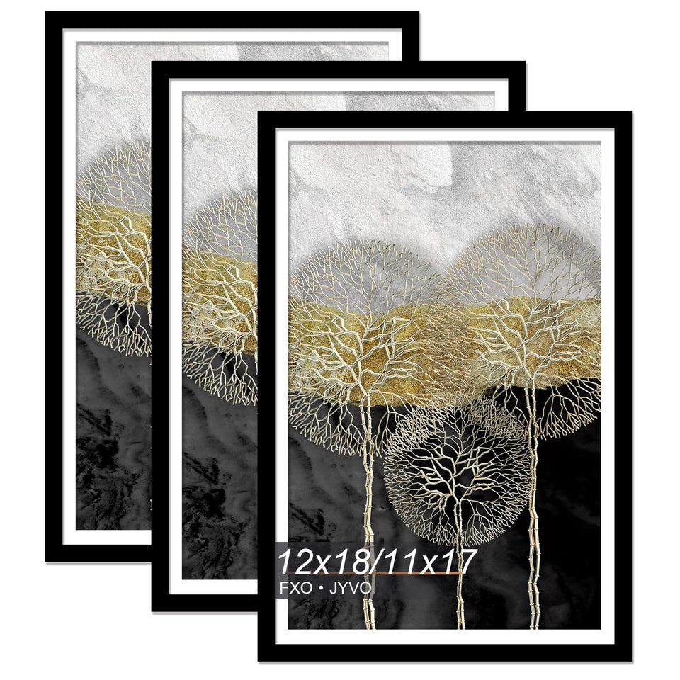 Fxojyvo 12x18 frame front view showing a sleek black finish for gallery-ready displays