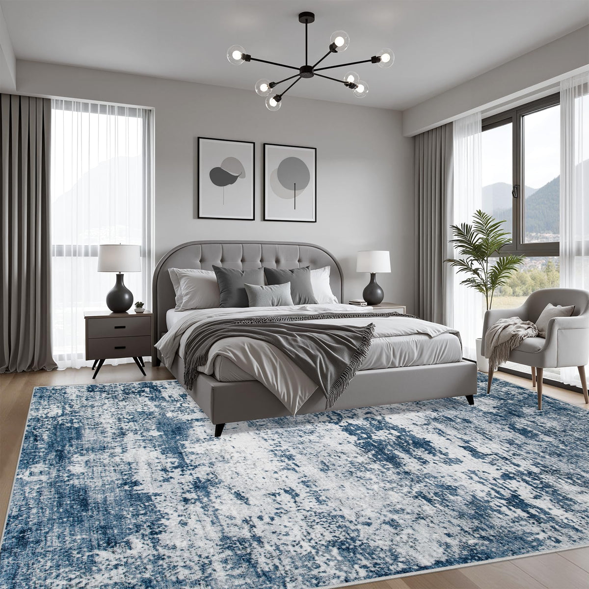 FXRHLP blue rug with non-slip backing for safer placement on floors.