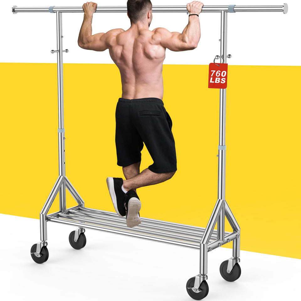 FYBEE clothing rack, angle view shows 760 lb capacity for heavy garments