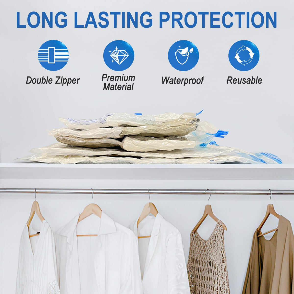 FYGRIP double-zipper, triple-seal bags keep garments secure during storage