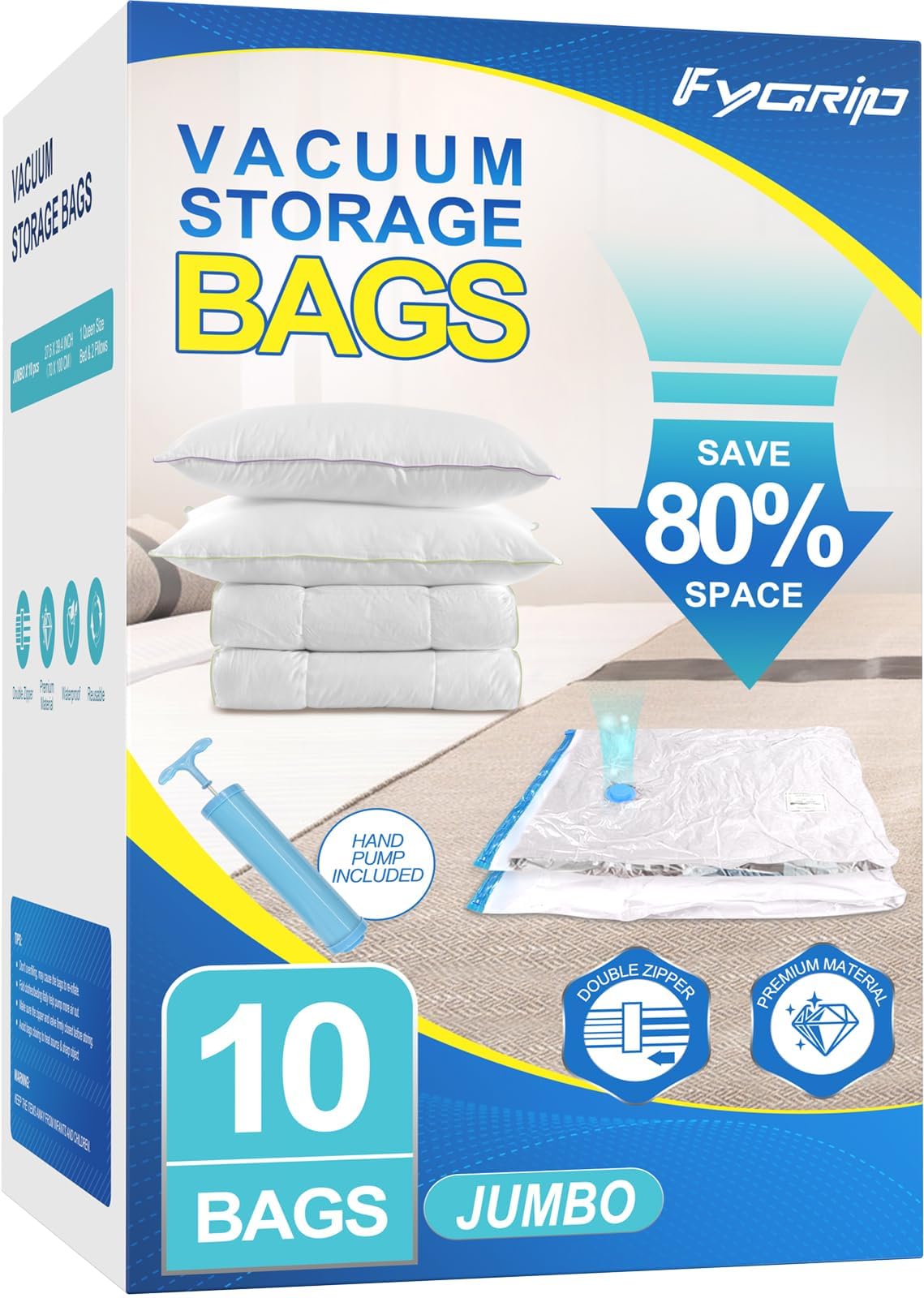 Fygrip vacuum bags pack overview showing a space-saving solution for clothing and linens.
