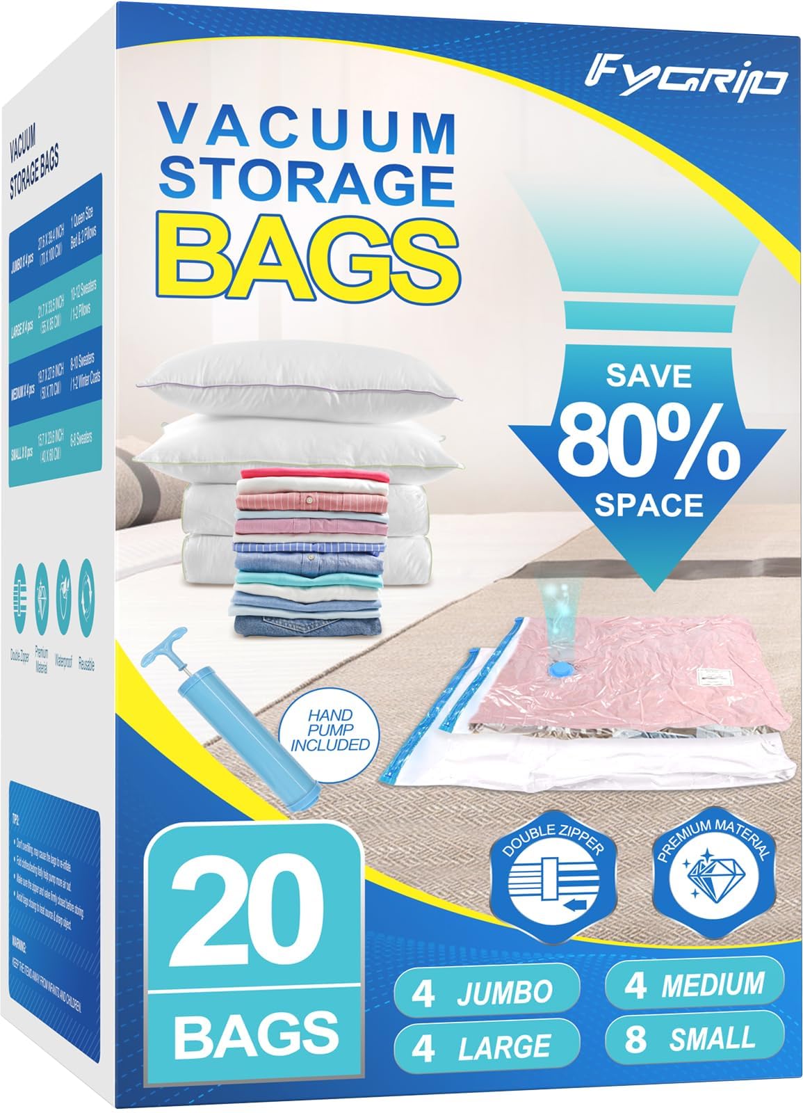 FYGRIP vacuum storage bags with hand pump demonstrate fast space saving for clothing