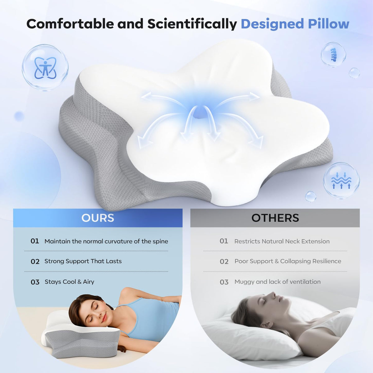 Fyova pillow with dual heights rotates for customized neck support.