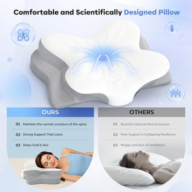 Fyova pillow with dual heights rotates for customized neck support.