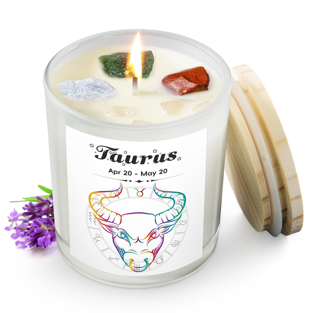 Fyroax Taurus candle with crystals closeup for relaxing rituals