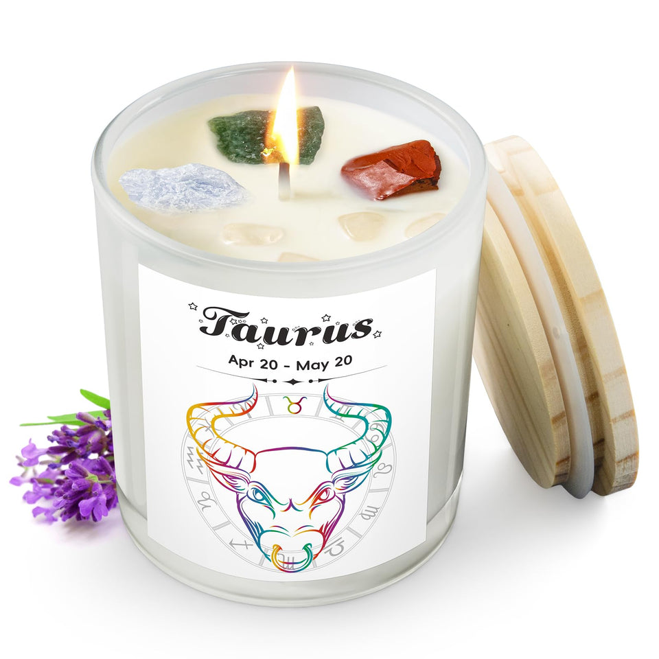 Fyroax Taurus candle with crystals closeup for relaxing rituals
