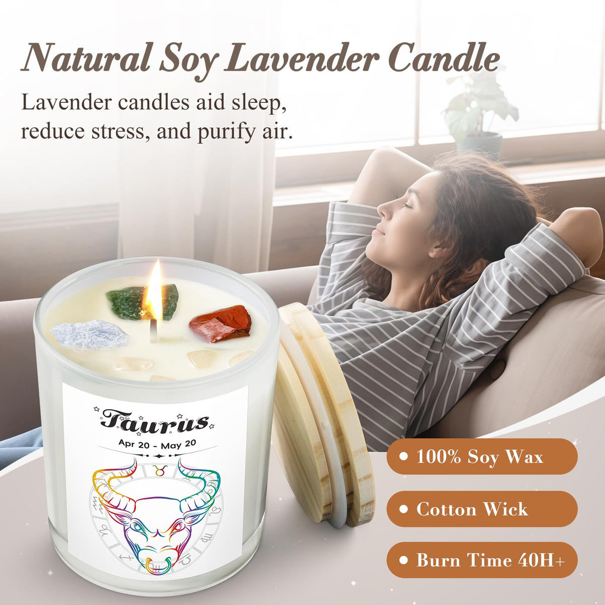 Fyroax Taurus crystal candle with carnelian boosting energy and focus